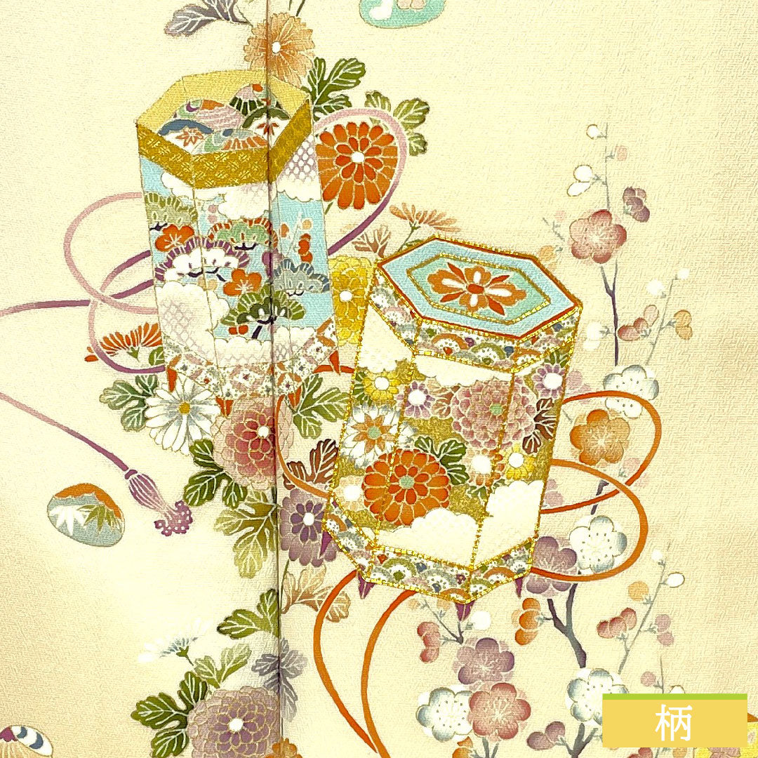 訪問着 正絹 袷 身丈158cm 裄丈64.5cm 砥粉色（とのこいろ） 京友禅 貝桶 吉祥文様 しあわせガード Aランク クリーム系 1112005803315