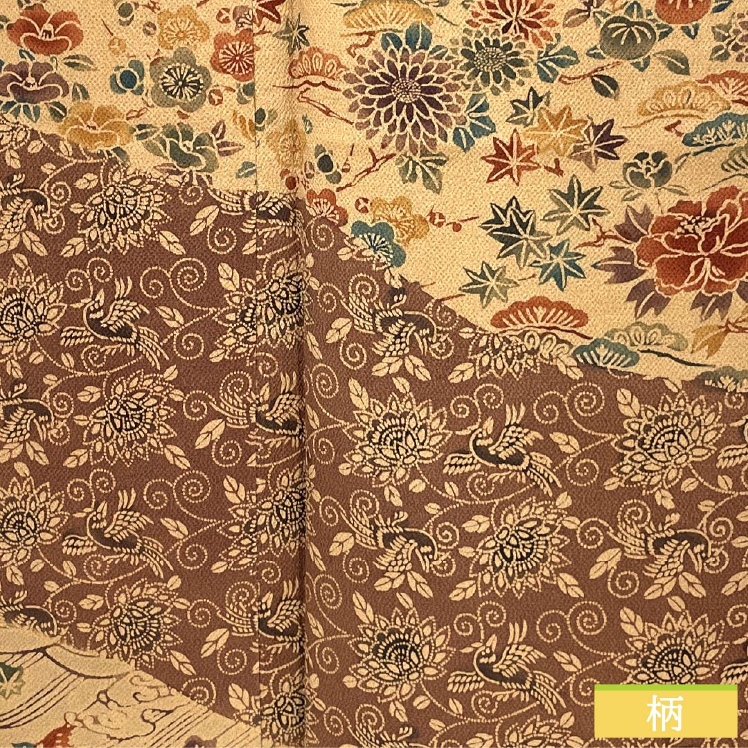 Hōmongi Kimono, Pure Silk, Rank S, Lined, Length 157cm, Sleeve-to-Sleeve 62.5cm, Pale Autumn Leaf Color, Artist-Designed, Kyō-bingata Dyeing, Auspicious Patterns, Pine, Bamboo, Plum, Chrysanthemum, Orange Family, 1112007382326