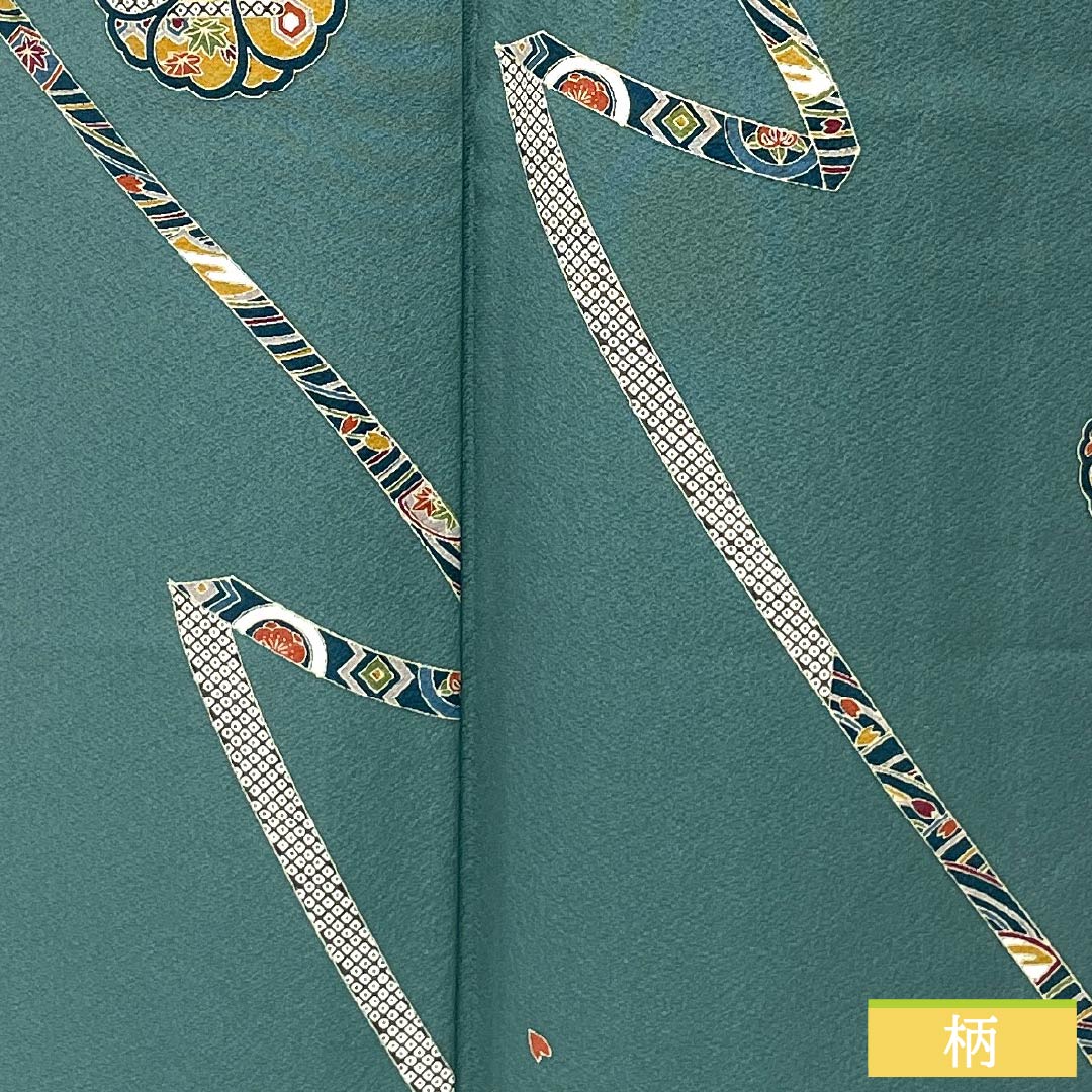 小紋 正絹 身丈152.5cm 裄丈64.5cm 袷 山藍摺色（やまあいずりいろ） 型染 熨斗 花柄 スコッチガード Bランク 緑系 1115005484219