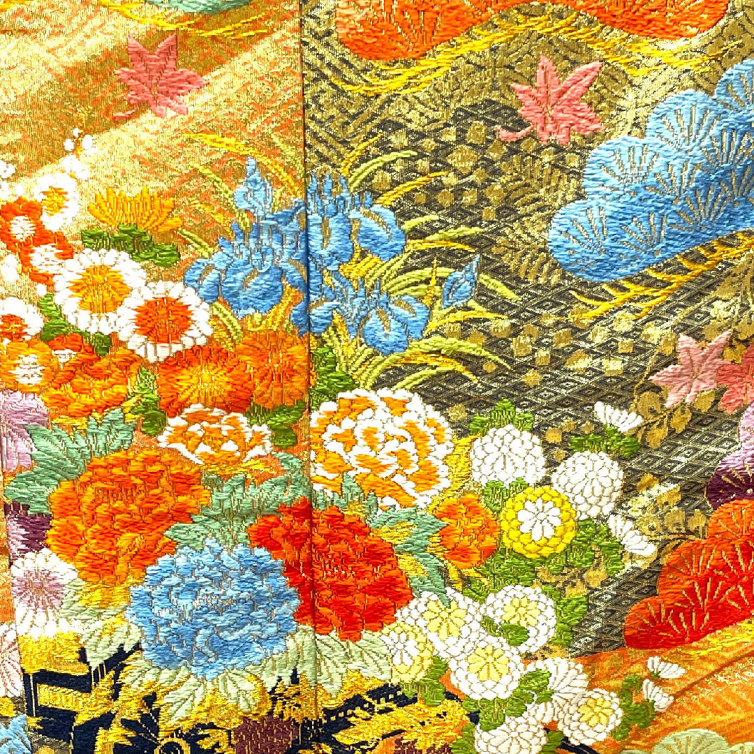 色打掛 身丈195cm  唐織 松 菊 花車 正絹 Sランク 袷 朱系 1110000412916
