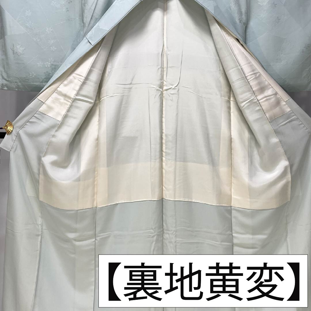 色無地 正絹 Sランク 身丈159.5cm 裄丈65cm 薄水色（うすみずいろ） 一つ紋 紋名不明 縫い紋 袷 水色系 1114002752324