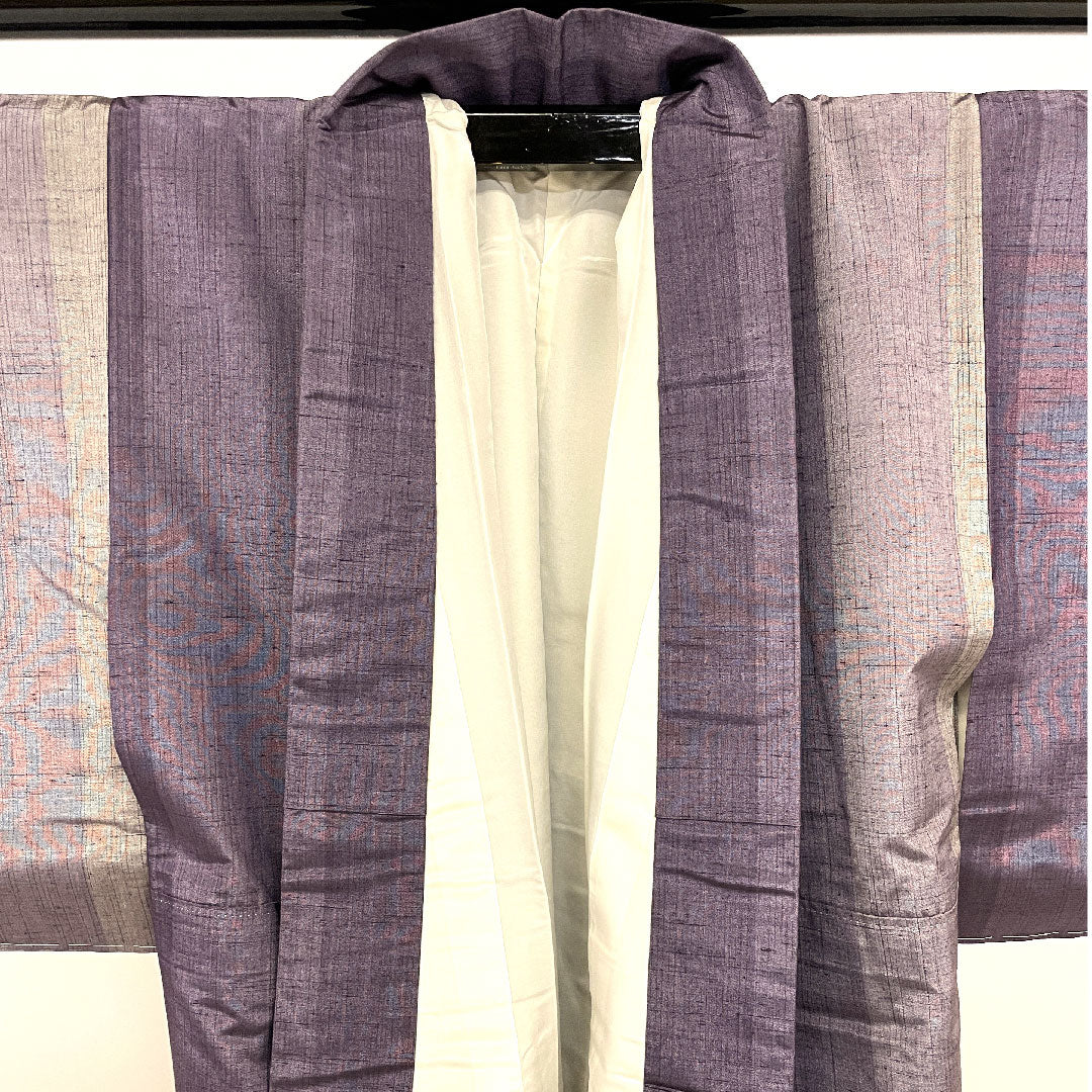 紬 身丈155cm 裄丈63cm 縞模様 手織り 正絹 Sランク 袷 紫系 1116000992320