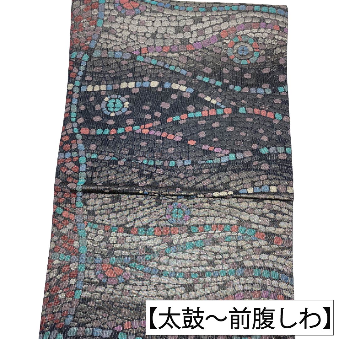 袋帯 正絹 Aランク 青褐色（あおかちいろ） 石畳 抽象柄   帯丈436cm 六通 カジュアル 紺系 1123018713318