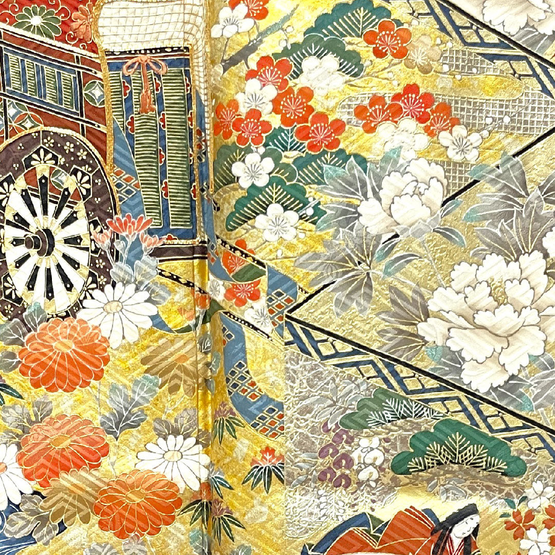 振袖 身丈163.5cm 裄丈67.5cm 袷  甚三紅色 京友禅 御所車 吉祥文様 作家物  正絹 Aランク 朱系 1113001623416