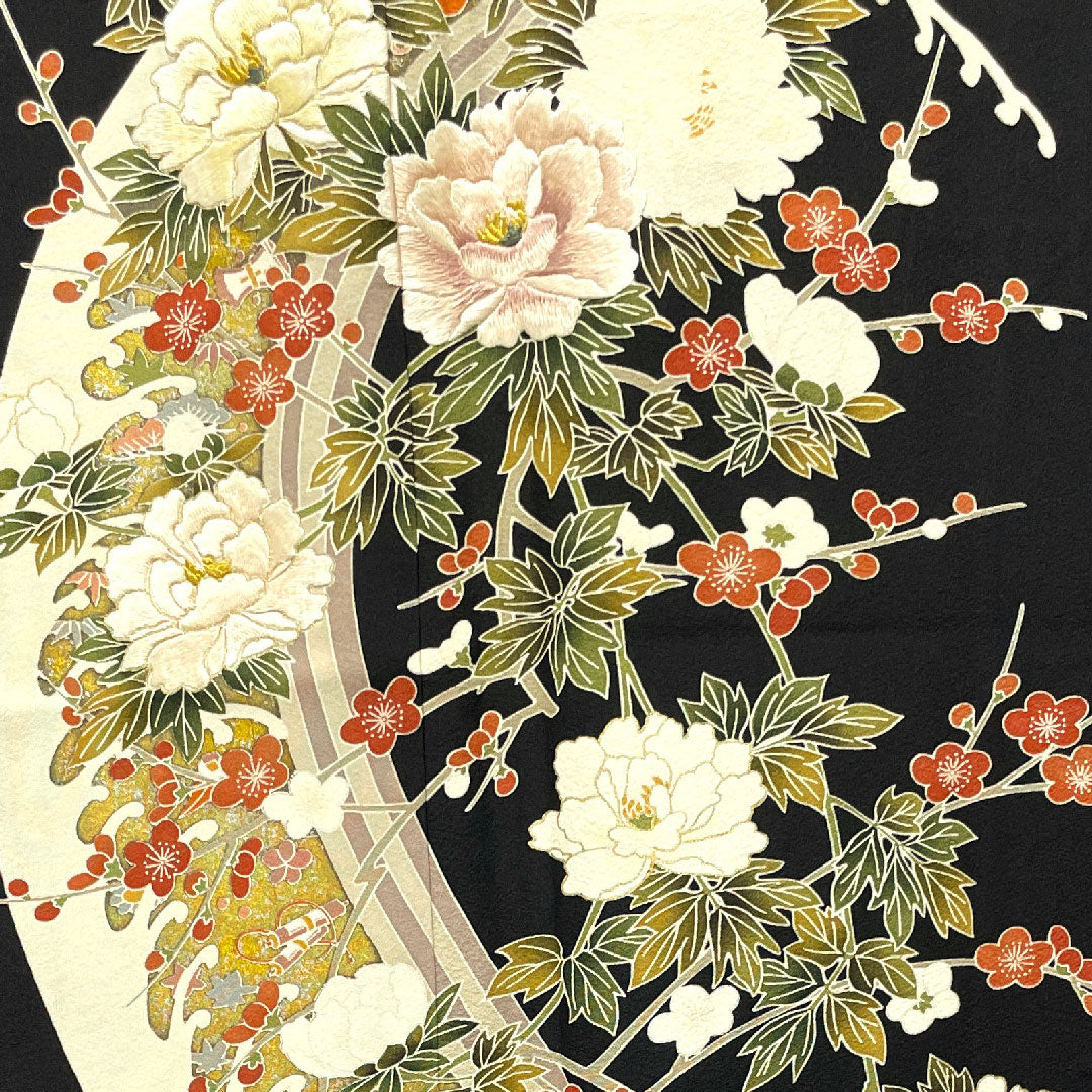 Black Tomesode, Length 163cm, Sleeve Length 67cm, Lined, Kyoto Yuzen, Embroidery, Five Gourds and Different Hawk Feathers, Thread Attached, Unused, Pure Silk, S Rank, Five Crests, Black, 1111001142410