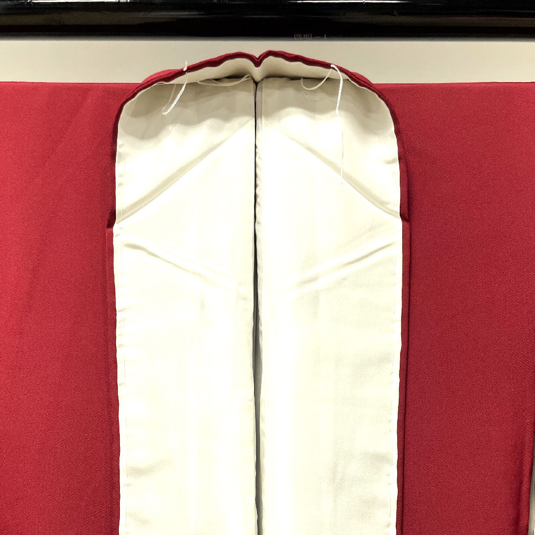 色留袖 身丈157cm 裄丈64.5cm 袷 しつけ糸付き 深緋色 寿光織 丸に剣片喰 正絹 Sランク 一つ紋 赤系 1111000782312