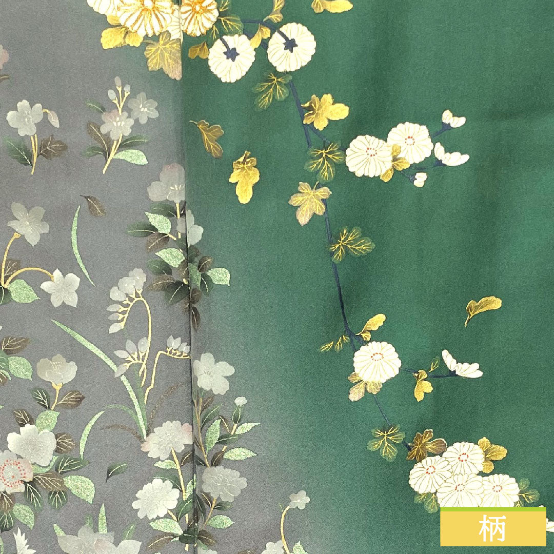 Homongi, pure silk, lined, length 166cm, sleeve length 66cm, Satsuma Nandouiro, Kyo-Yuzen, floral pattern, A rank, green, 1112004243519