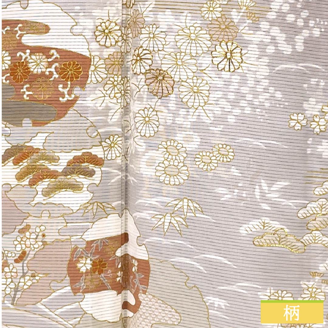 夏物 正絹 訪問着 身丈165cm 裄丈66cm 薄梅鼠色（うすうめねずいろ） 京友禅 金彩 雪輪 絽 Aランク グレー系 1132002033522