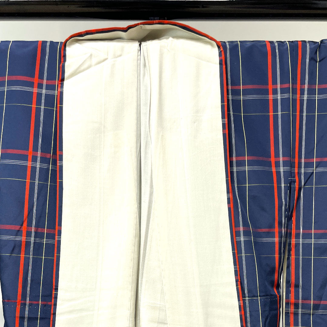 縞大島 身丈162.5cm 裄丈65.5cm 濃紺色 格子 正絹 Aランク 袷 紺系 1116002343418