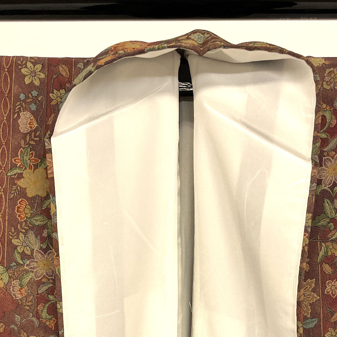 小紋 身丈160cm 裄丈64cm 袷  洗える着物 更紗柄 ポリ Aランク 茶系 1115000223314