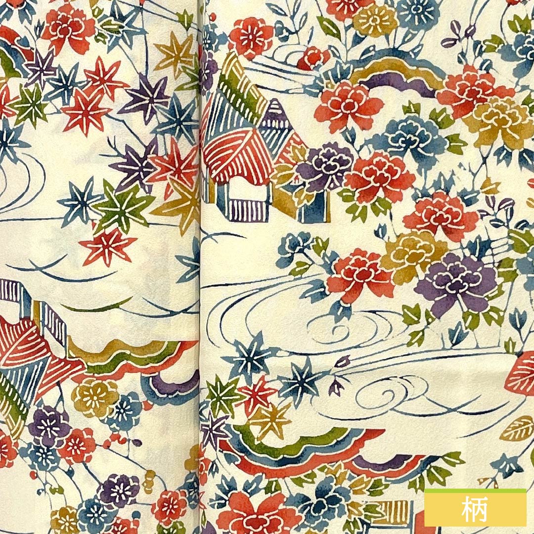 小紋 正絹 身丈158.5cm 裄丈64cm 袷 練色（ねりいろ） 型染 紅型調 茶屋辻 Aランク クリーム系 1115005103315