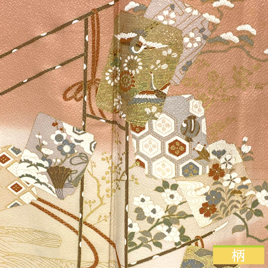 Visiting Kimono, Pure Silk, S Rank, Lined, Length 163.5cm, Sleeve Length 64cm, Tokiiro (Pink), Kyo-Yuzen, Classic Pattern, Shikishi (Colored Paper), Product Number: 1112006632413