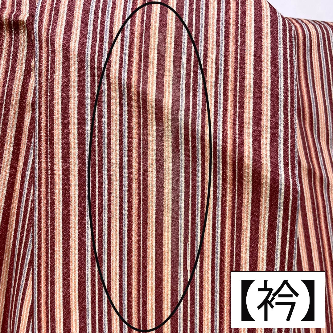 小紋 ポリエステル Sランク 身丈163.5cm 裄丈64.5cm 単衣 蘇芳色（すおういろ） 洗える着物 縞 紫系 1115008132420