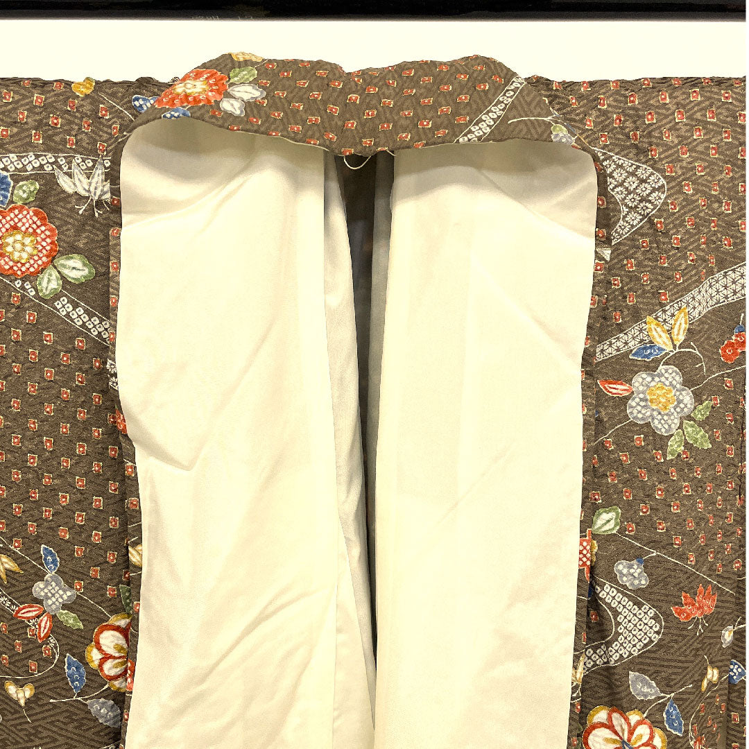 小紋 身丈164cm 裄丈65cm 袷  絞り 流水 花模様  正絹 Sランク 茶系 1115001382414