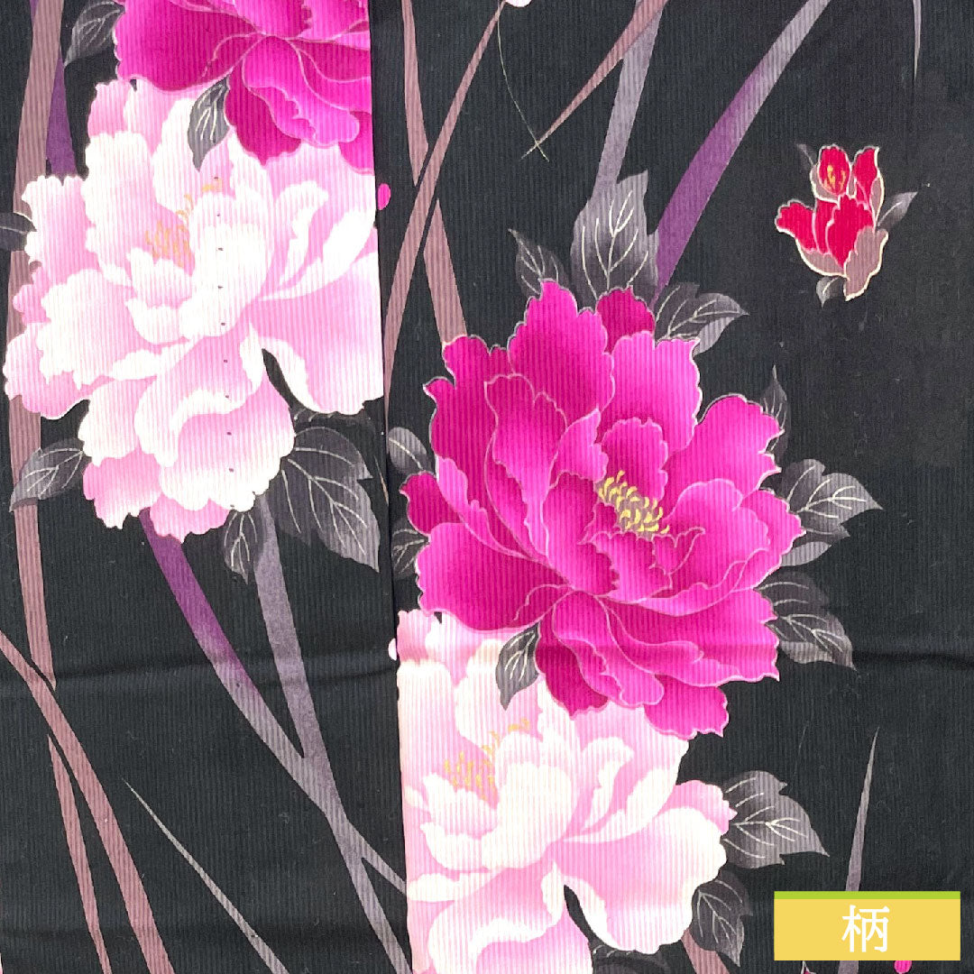 浴衣 木綿 身丈159.5cm 裄丈67cm Sランク 単衣 黒系 牡丹 1118005212310