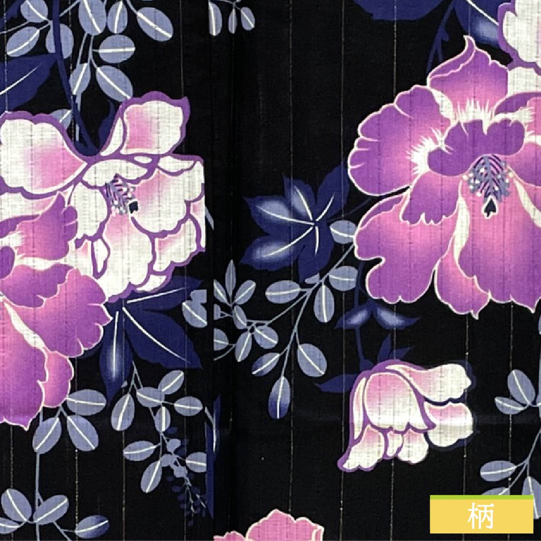 Cotton Yukata, Length 161.5cm, Sleeve Length 65cm, S Rank, Single Layer, Black, Vertical Silk, Floral Design with Silver Thread, Product Number: 1118006662410