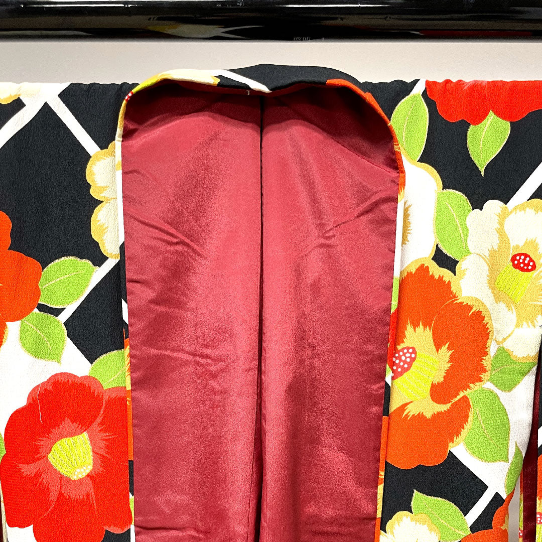 振袖 身丈168cm 裄丈68cm 袷  モノトーン 洗える着物 椿  ポリ Sランク 黒系 1113001392510