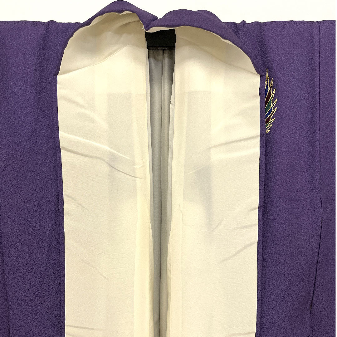 訪問着 袷 身丈154cm 裄丈62cm 斉藤三才 寿光織 鳥柄 正絹 Aランク 紫系 1112000883220