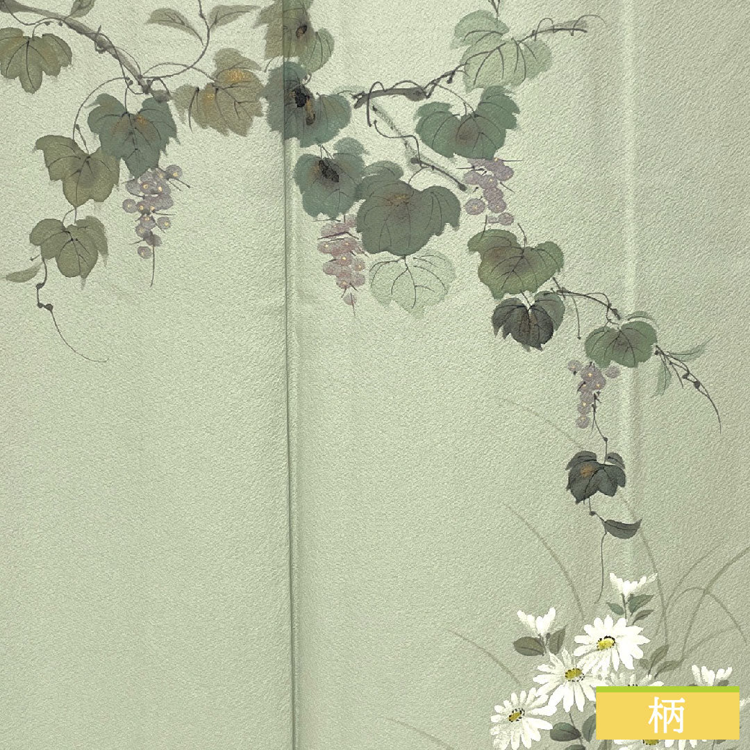 訪問着 正絹 袷 身丈155cm 裄丈65cm 白緑色（びゃくろくいろ） 草花模様 スコッチガード 付下げ Aランク 水色系 1112005453324