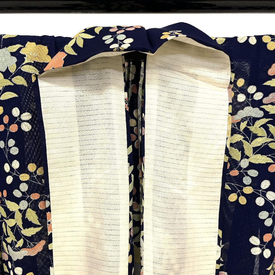 小紋 身丈159cm 裄丈62cm 絽  駒絽 花模様  正絹 Aランク 紺系 1115000743318
