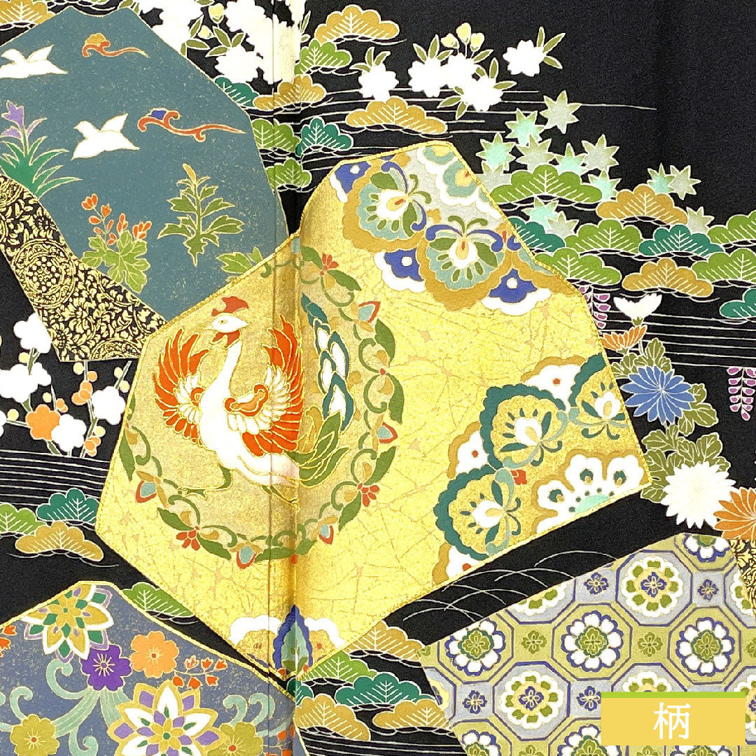 Black formal kimono, pure silk, length 162cm, sleeve length 68cm, lined, Kyoto yuzen, split pattern, phoenix, five crests, five-three paulownia, A rank, black, 1111001733410