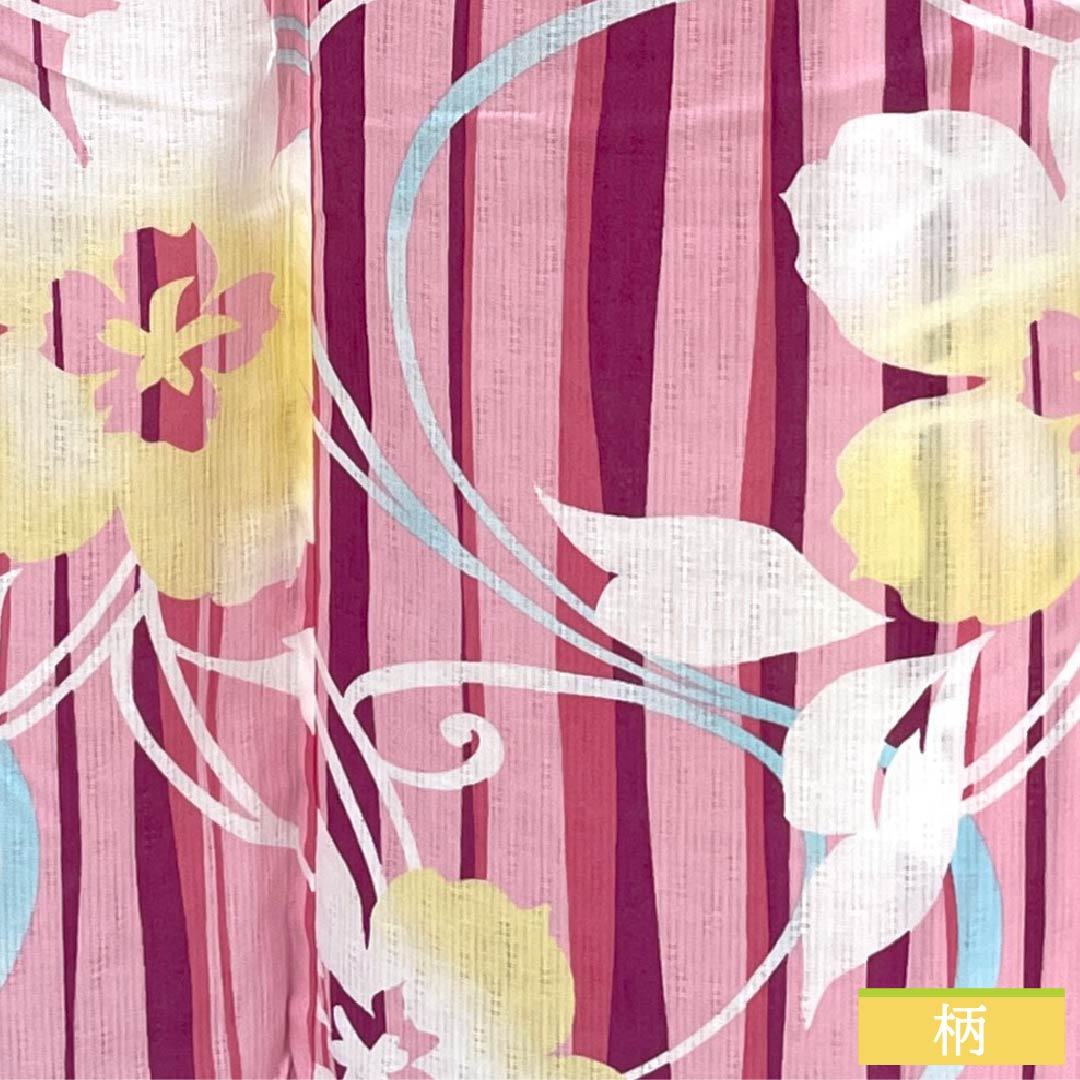 Cotton Yukata, Length 164.5cm, Sleeve Length 62.5cm, S Rank, Single Layer, Pink/Peach (Momoiro) with Hibiscus Stripes, 1118006702413