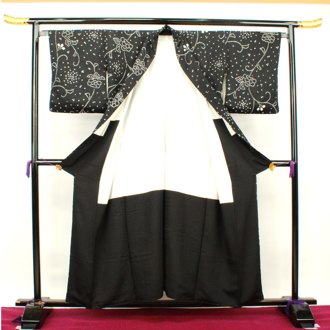 小紋 身丈153cm 裄丈63.5cm 袷  絞り 幾何学模様  正絹 Sランク 黒系 1115002732210