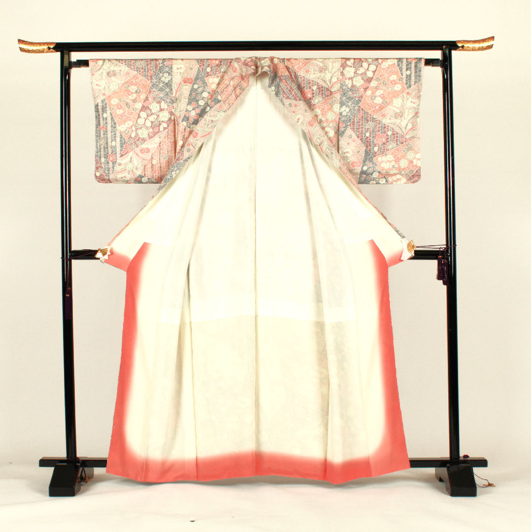 小紋 身丈164cm 裄丈64cm 袷  裂取り 花・芒模様  正絹 Sランク ピンク系 1115000732313