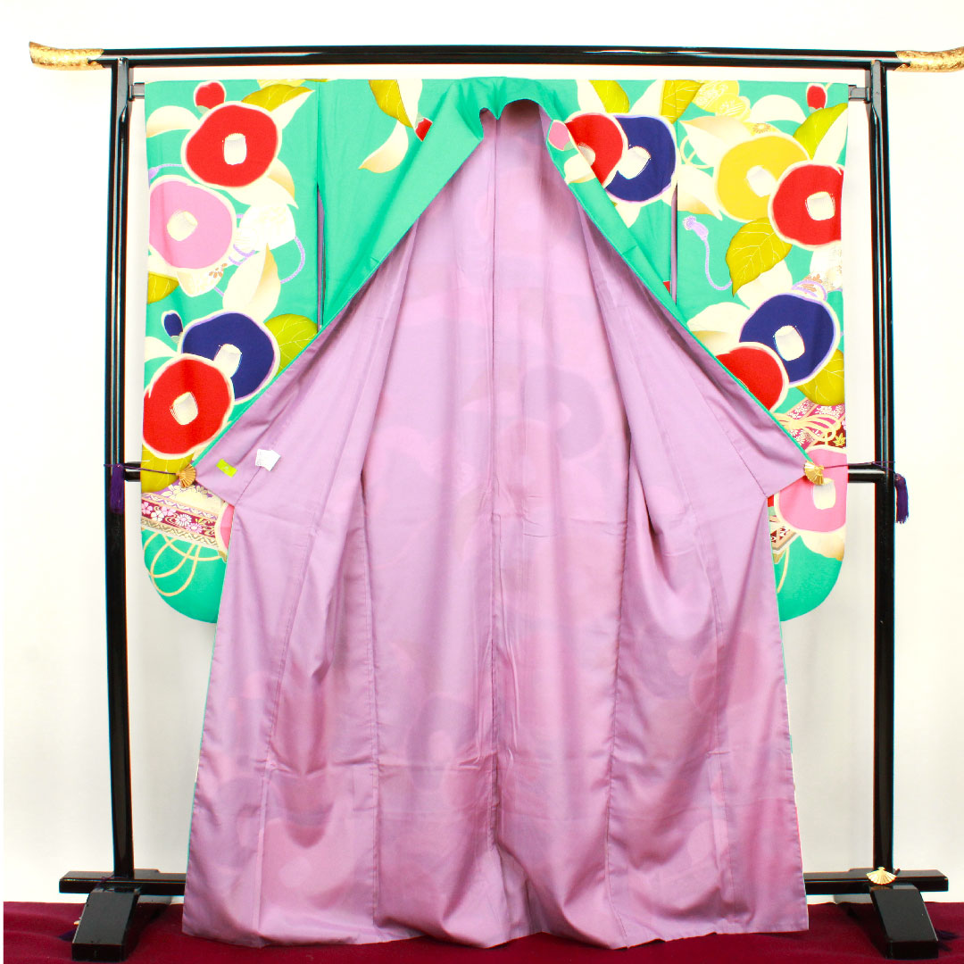 Long-sleeved kimono, length 176cm, sleeve length 70cm, lined, floral greenish blue, washable kimono, camellia, poly, S rank, blue, 1113001402817