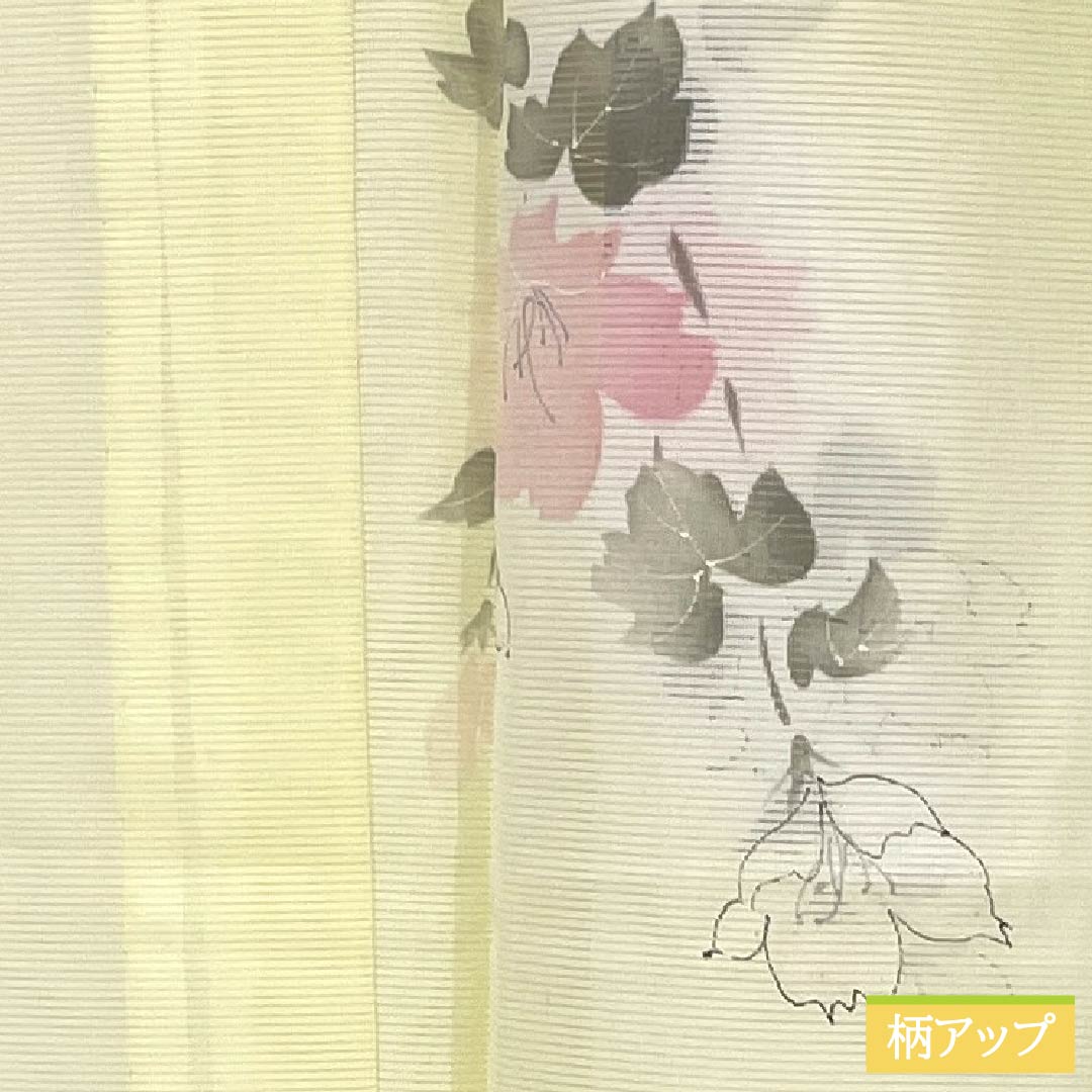 夏物 ポリエステル 小紋 Aランク 身丈153cm 裄丈62cm 淡黄色（たんこうしょく） 草花模様 洗える着物 絽 黄系 1132005283223