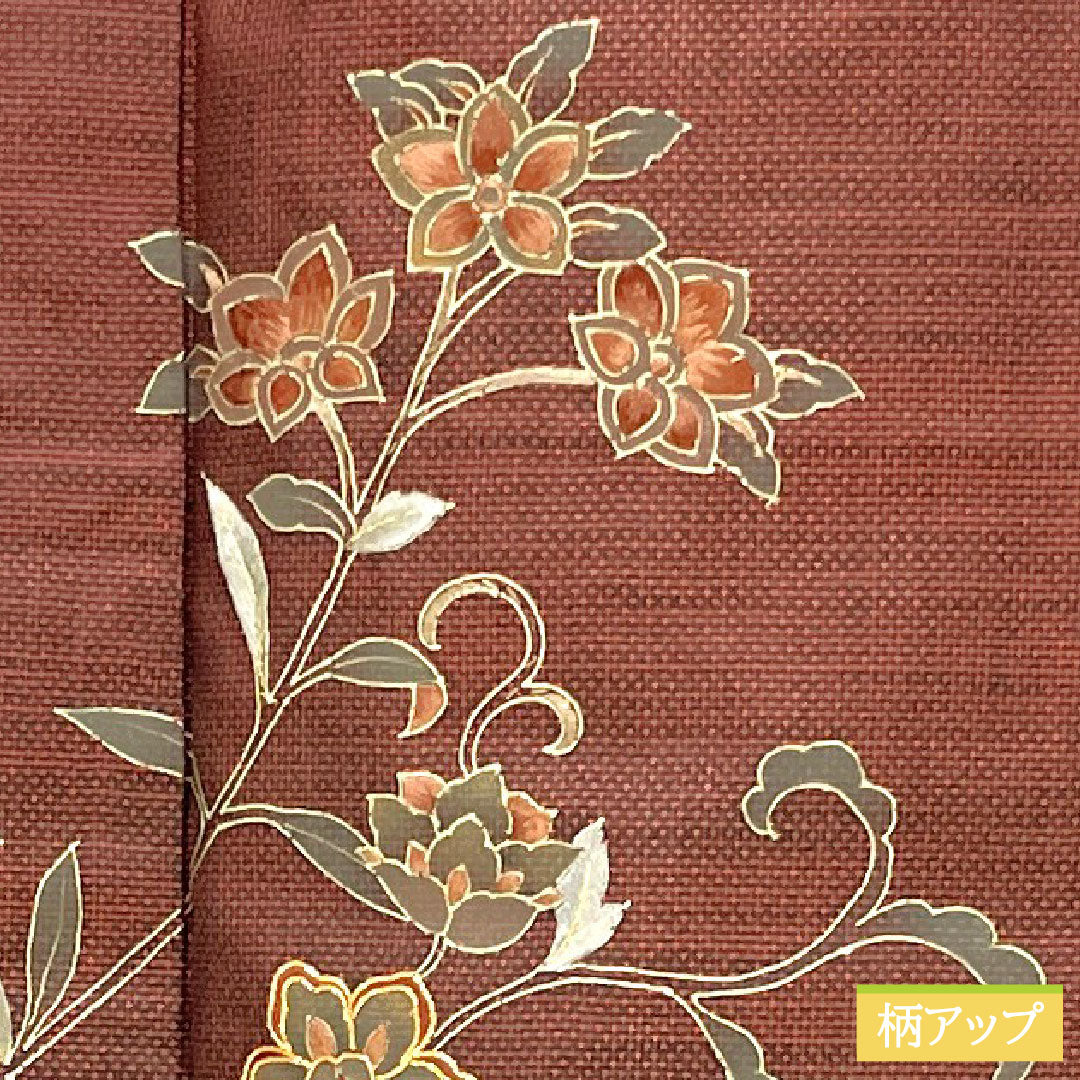 訪問着 正絹 袷 身丈158.5cm 裄丈65cm 生臙脂色（しょうえんじいろ） 大島紬地 紬地 蘇州刺繡 草花模様 Aランク 赤系 1112005493312