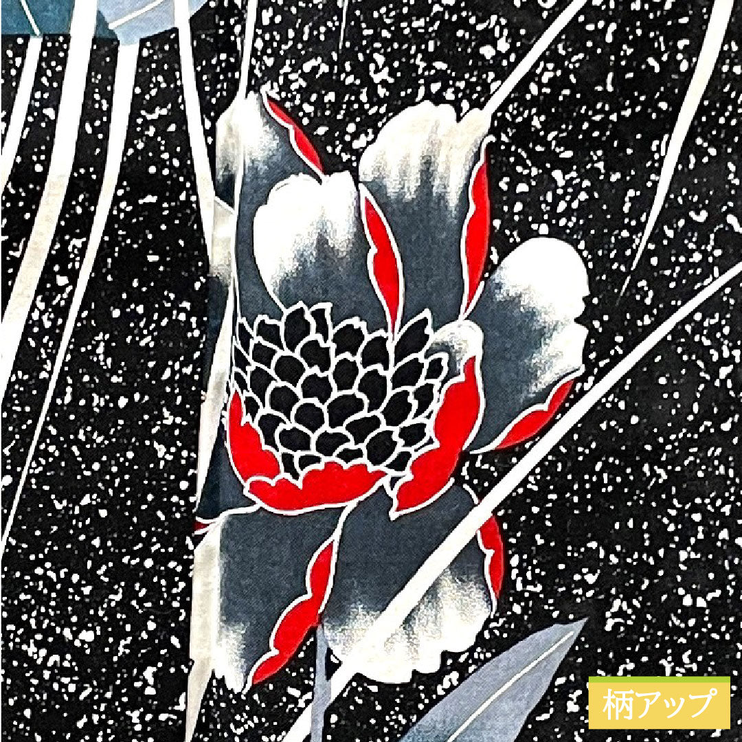浴衣 木綿 身丈168.5cm 裄丈63cm Sランク 単衣 黒系 芍薬 1118004622510