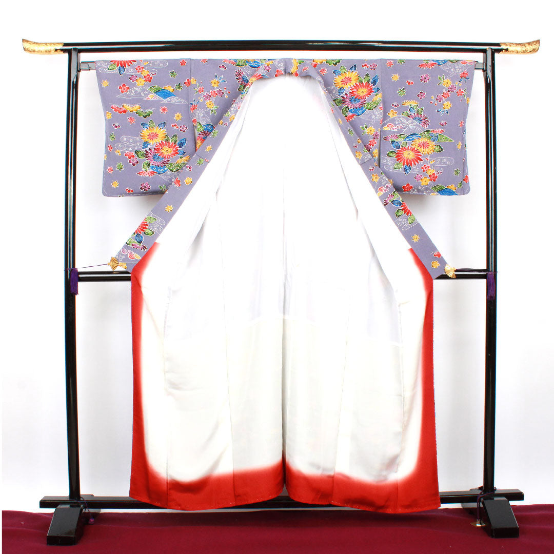 小紋 身丈158cm 裄丈66.5cm 袷  藤鳩羽色 型染 菊  正絹 Aランク 紫系 1115002413320