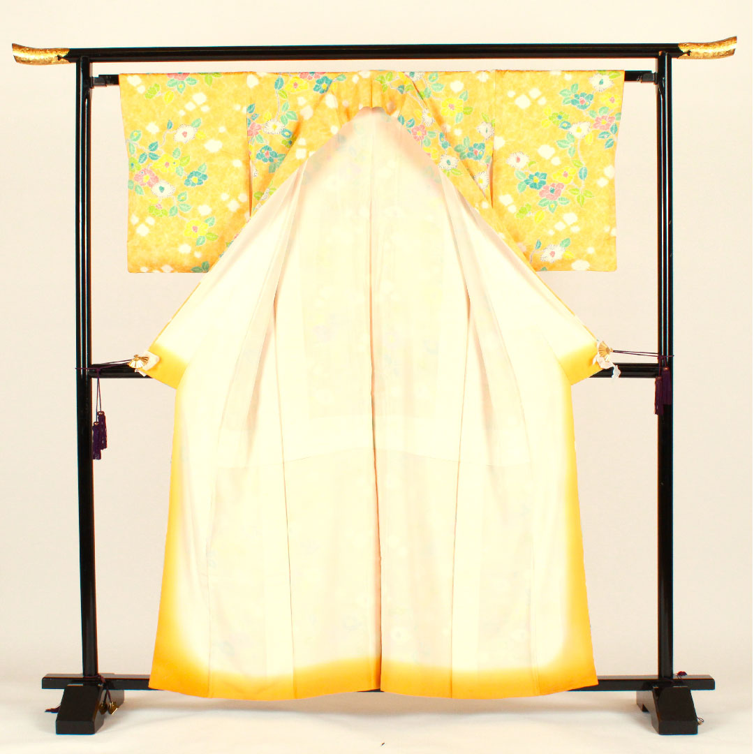 小紋 身丈159cm 裄丈63cm 袷  絞り 草花模様  正絹 Bランク 黄系 1115001924323