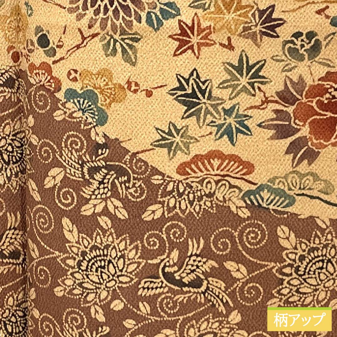 Hōmongi Kimono, Pure Silk, Rank S, Lined, Length 157cm, Sleeve-to-Sleeve 62.5cm, Pale Autumn Leaf Color, Artist-Designed, Kyō-bingata Dyeing, Auspicious Patterns, Pine, Bamboo, Plum, Chrysanthemum, Orange Family, 1112007382326