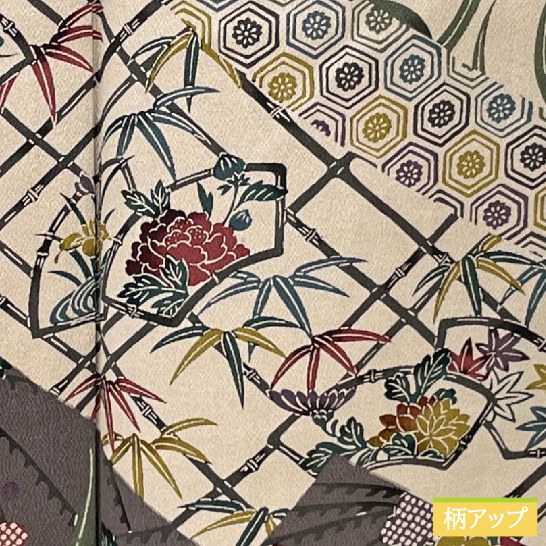 訪問着 正絹 Sランク 袷 身丈168cm 裄丈69.5cm 藍海松茶色（あいみるちゃいろ） 京紅型 紅型調 草花 渦巻き 緑系 1112006652519