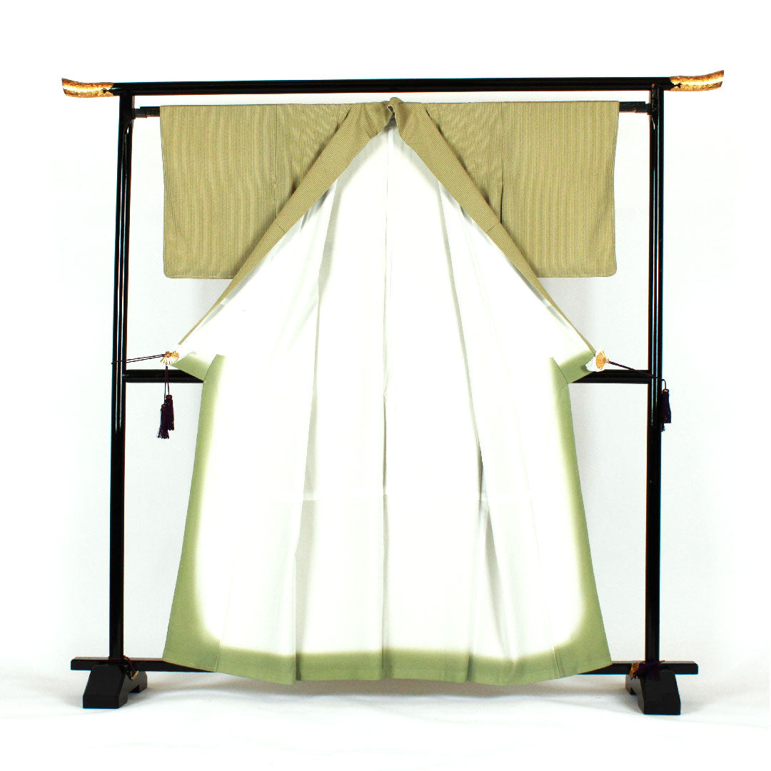 小紋 身丈160.5cm 裄丈64cm 袷  縞模様 ポリ Sランク 緑系 1115000612319