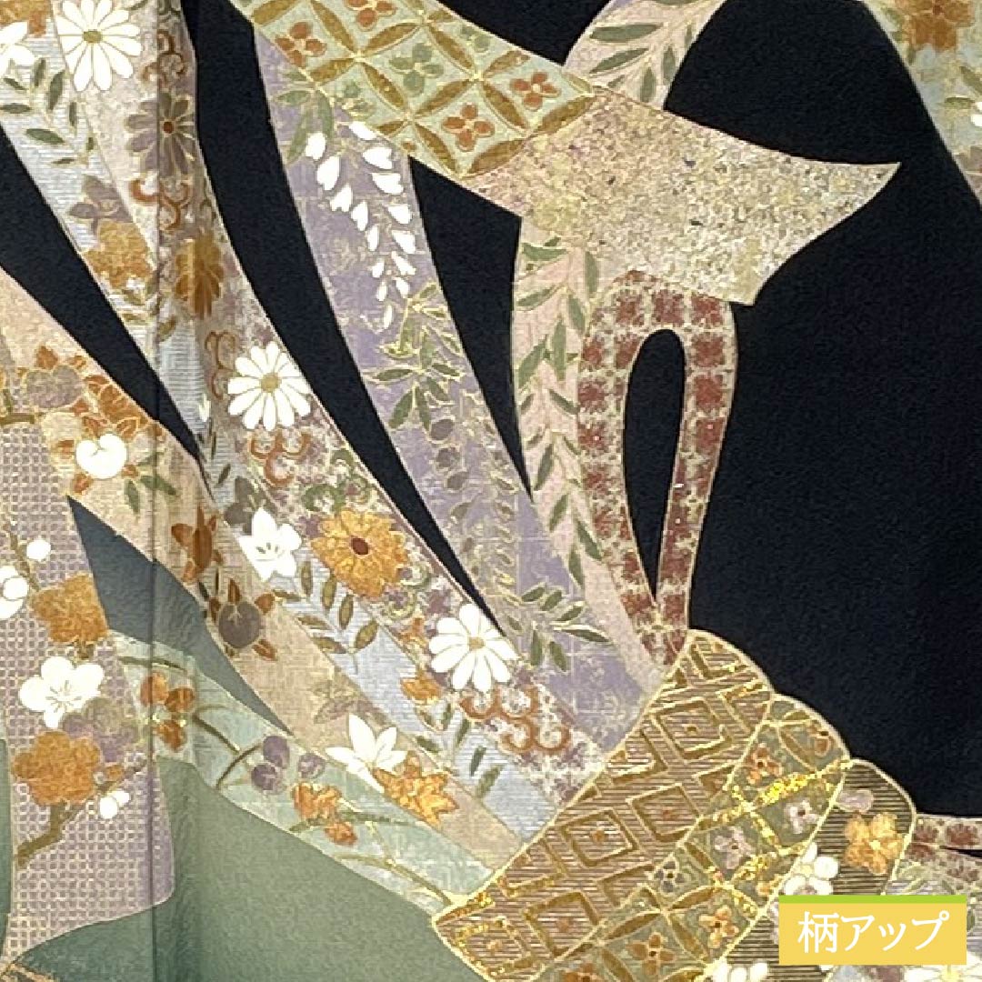 Black Tomesode (Tomesode) - Pure Silk, Grade A, Length 158.5cm, Sleeve Length 64cm, Lined, Gold-colored, Five Crests, Wisteria Design, Bundled Noshi, Five Crests, Black, Item Number 1111002043310