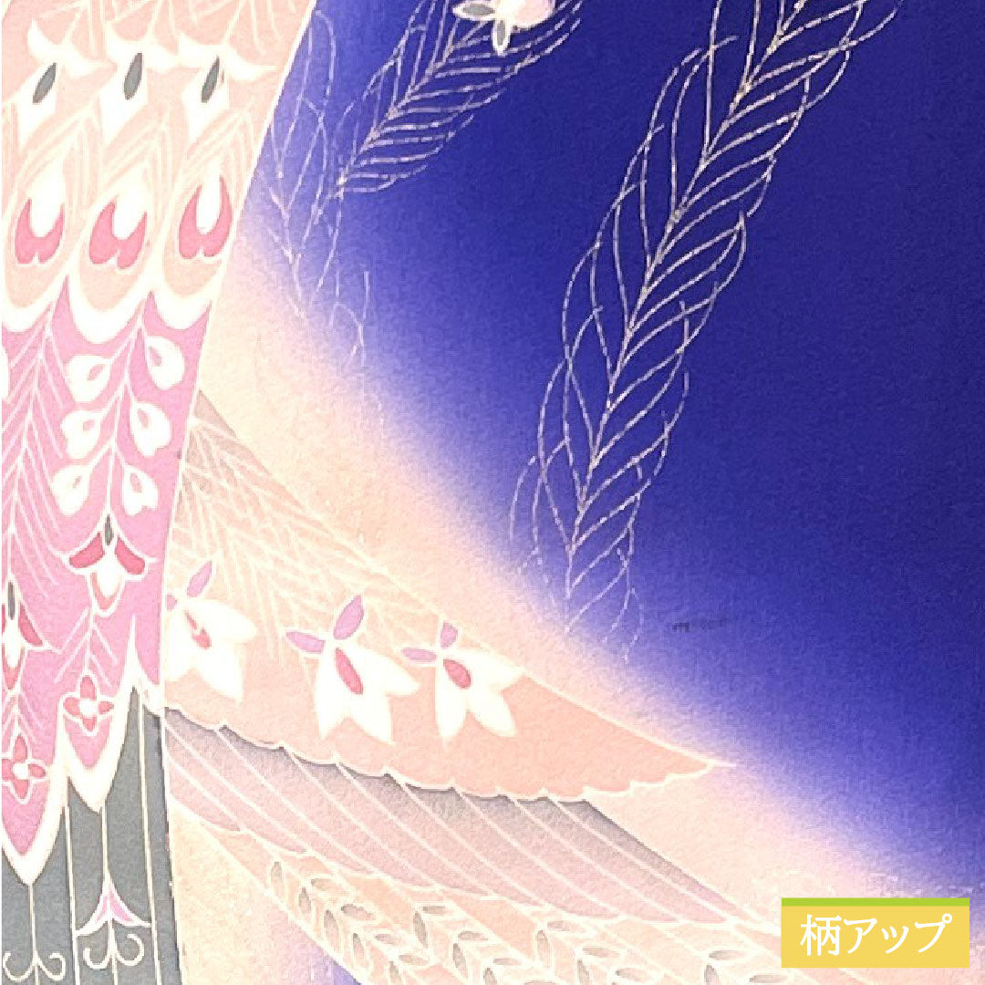 Homongi, pure silk, lined, length 161cm, sleeve length 65.5cm, bellflower color, Kyoto Yuzen, peacock, A rank, navy blue, 1112004353418