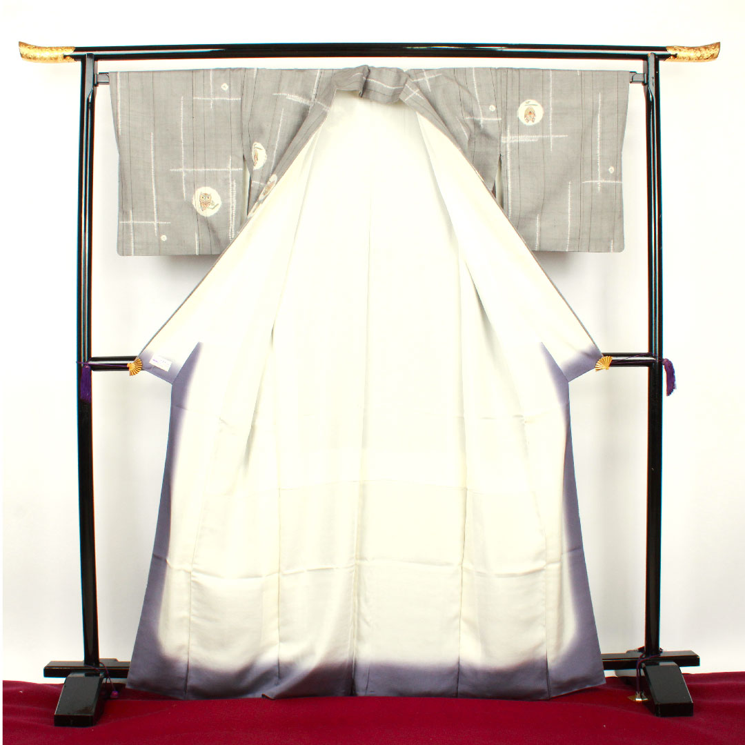 紬 身丈166cm 裄丈67cm 素鼠色 絞り フクロウ 正絹 Sランク 袷 グレー系 1116002022522