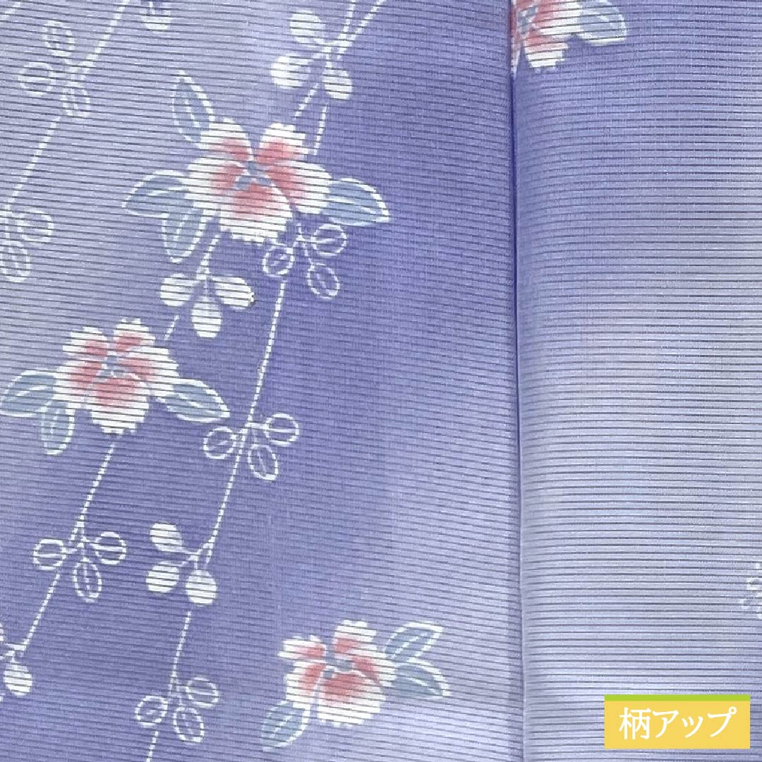 夏物 ポリエステル 小紋 Aランク 身丈159cm 裄丈63.5cm 藤色（ふじいろ） 洗える着物 草花模様 絽 紫系 1132006123320