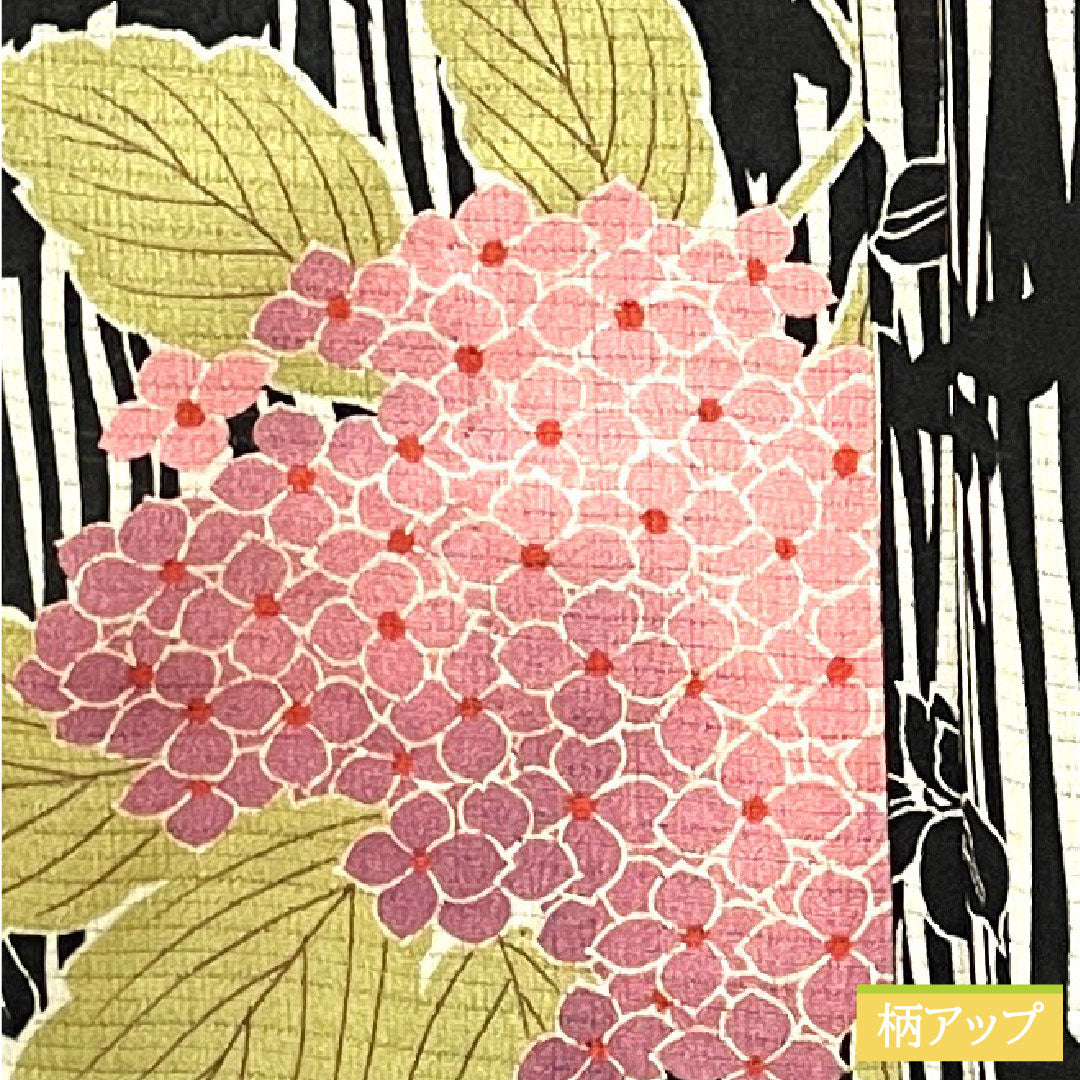 Summer kimono, polyester, small pattern, length 169.5cm, sleeve length 70cm, hydrangea, washable kimono, basting thread included, unused, silk, S rank, black, 1132001852510