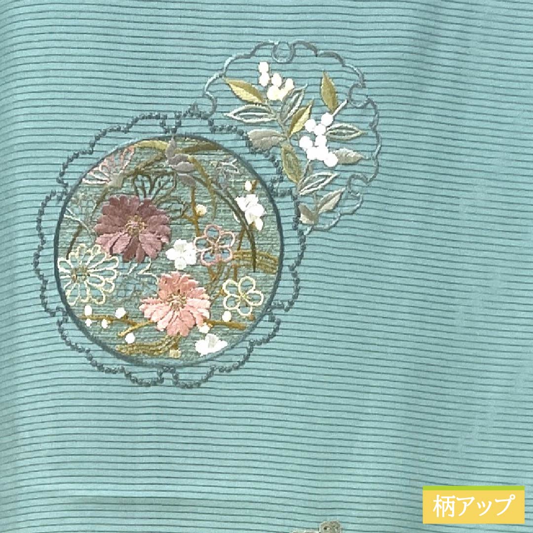 夏物 正絹 付下げ Aランク 身丈157.5cm 裄丈62.5cm 薄水色（うすみずいろ） 蘇州刺繡 雪輪 一つ紋 絽 水色系 1132007223324