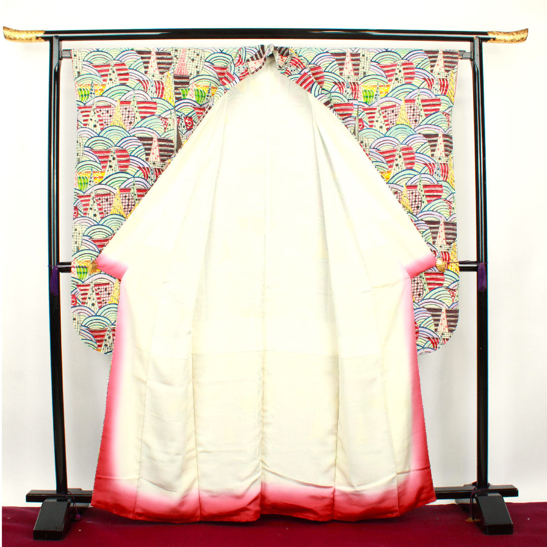 振袖 身丈163cm 裄丈65.5cm 袷  工芸品 京紅型 青海波  正絹 Sランク グラデ 1113000962499