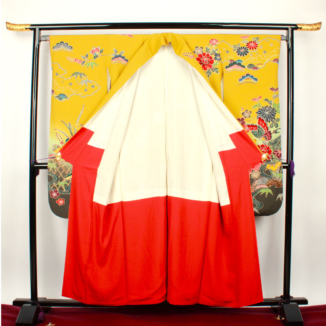 振袖 身丈155.5cm 裄丈64.5cm 袷  芥子色 京紅型 草花模様  正絹 Aランク 黄系 1113000893323