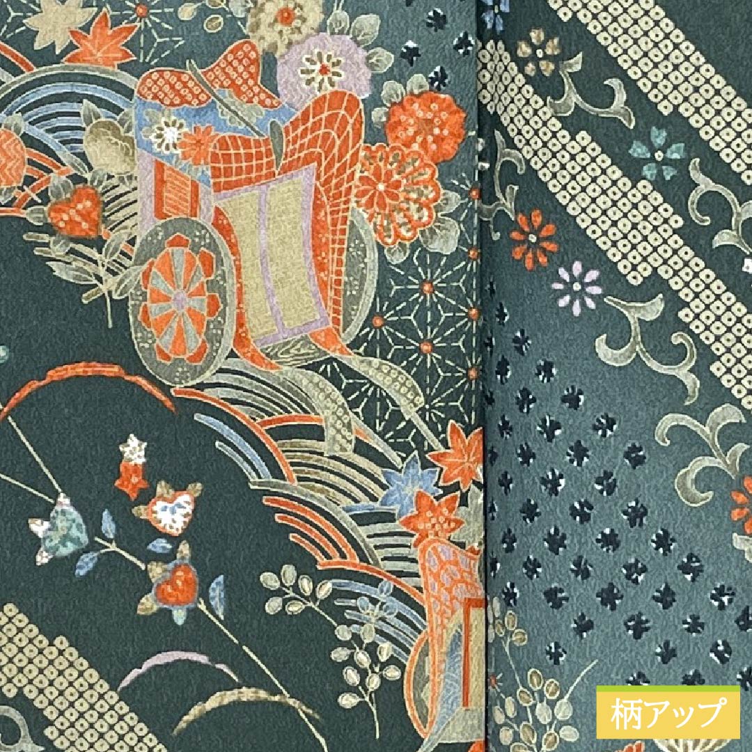 小紋 ポリエステル Sランク 身丈161cm 裄丈64.5cm 袷 鉄色（てついろ） 鉄御納戸色（てつおなんどいろ） 御所車 花 洗える着物 緑系 1115007562419