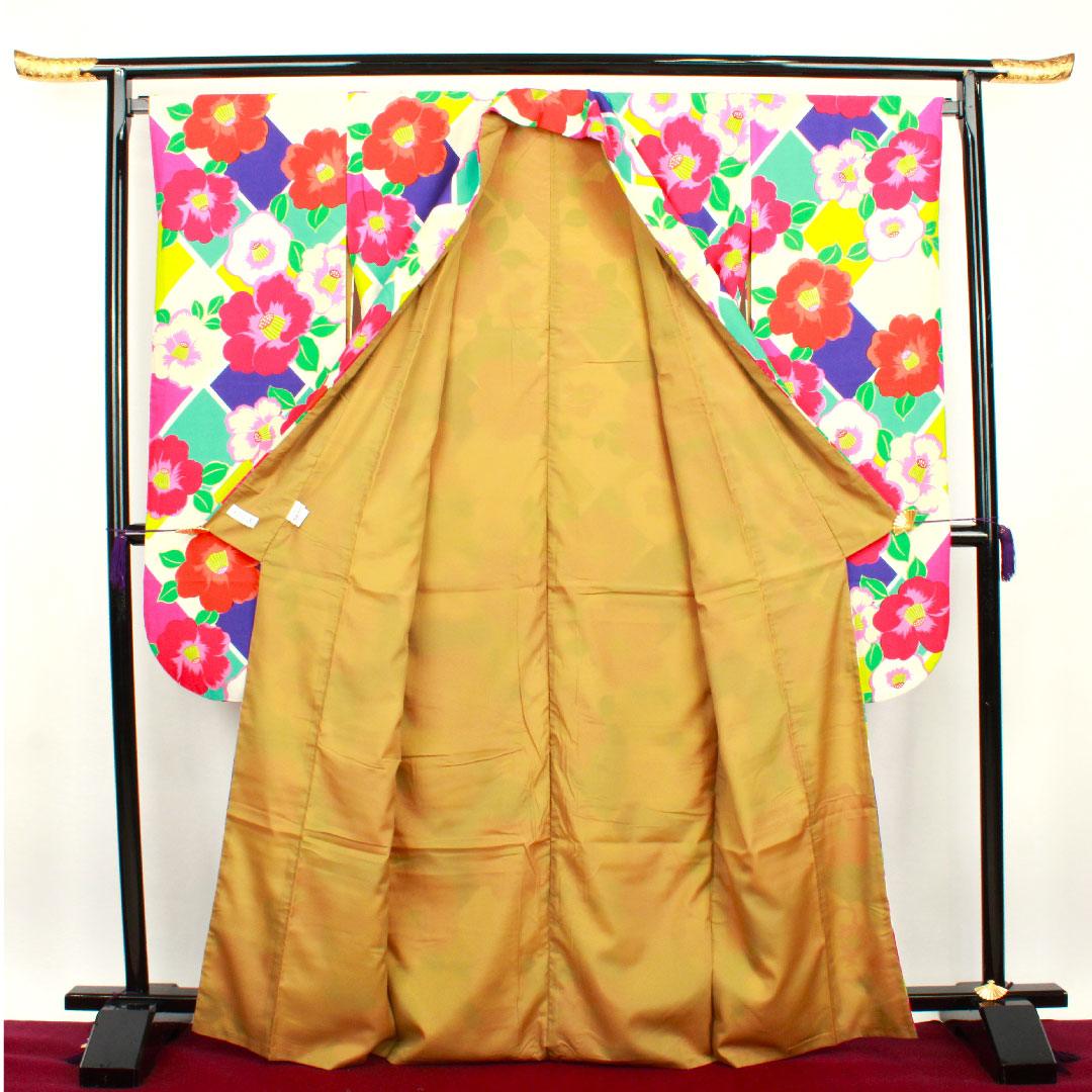 振袖 身丈166cm 裄丈67cm 袷  洗える着物 椿  ポリ Sランク グラデ 1113001122599