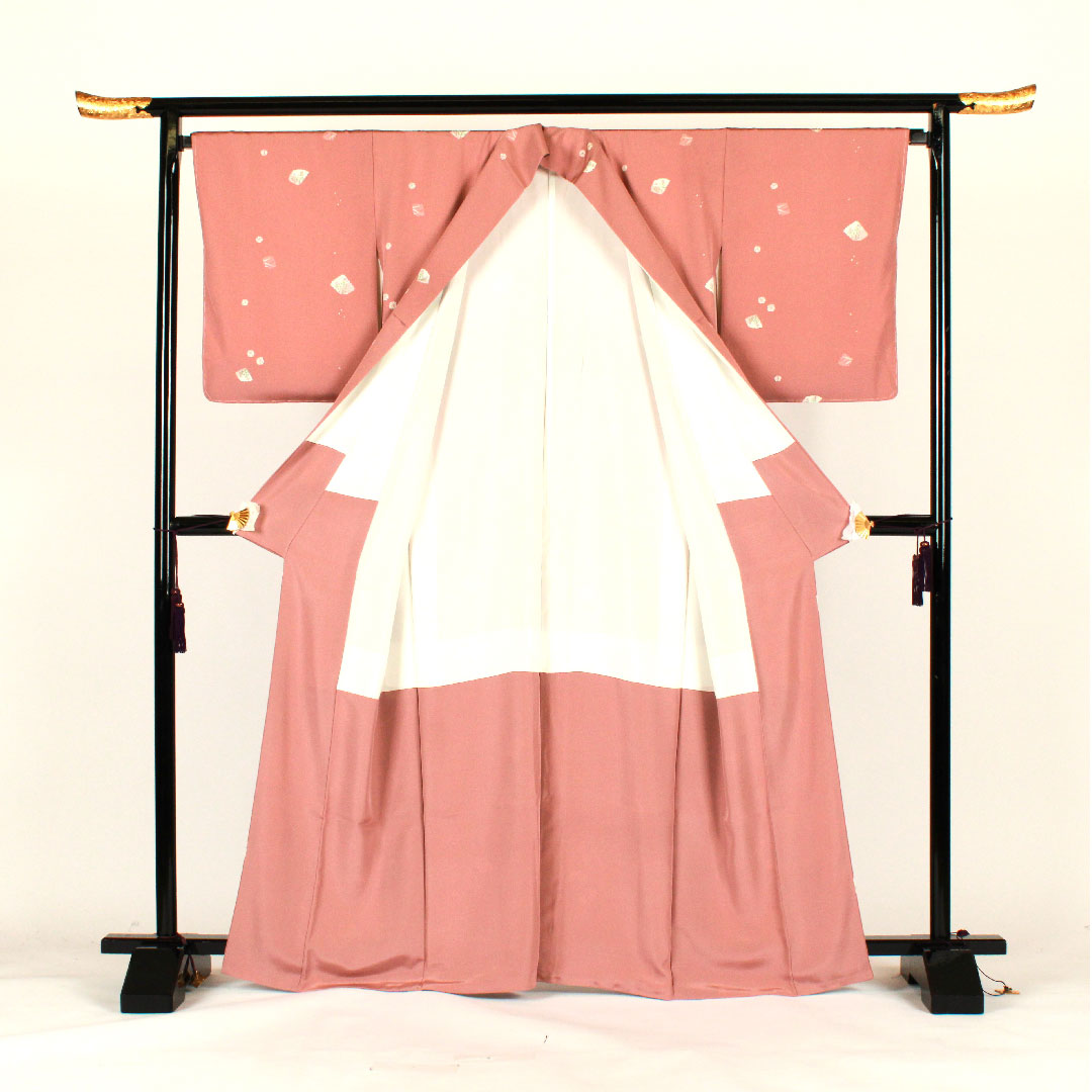 小紋 身丈167cm 裄丈69cm 袷  洗える着物 草花模様  ポリ Sランク ピンク系 1115001612513