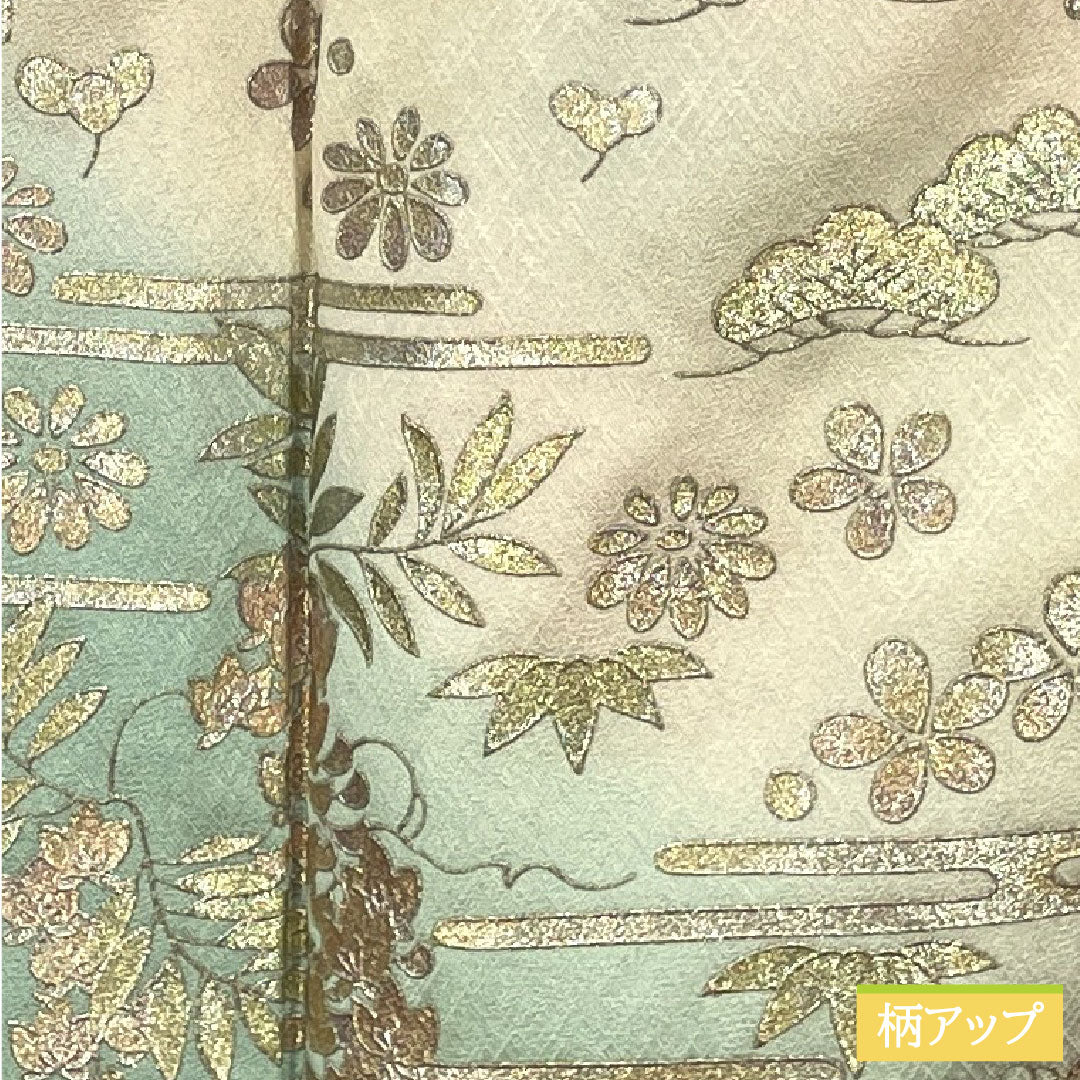 Homongi, pure silk, lined, length 155.5cm, sleeve length 63.5cm, white-green, gold-colored yuzen, pine, wisteria, shell bucket, S rank, green, 1112004902319