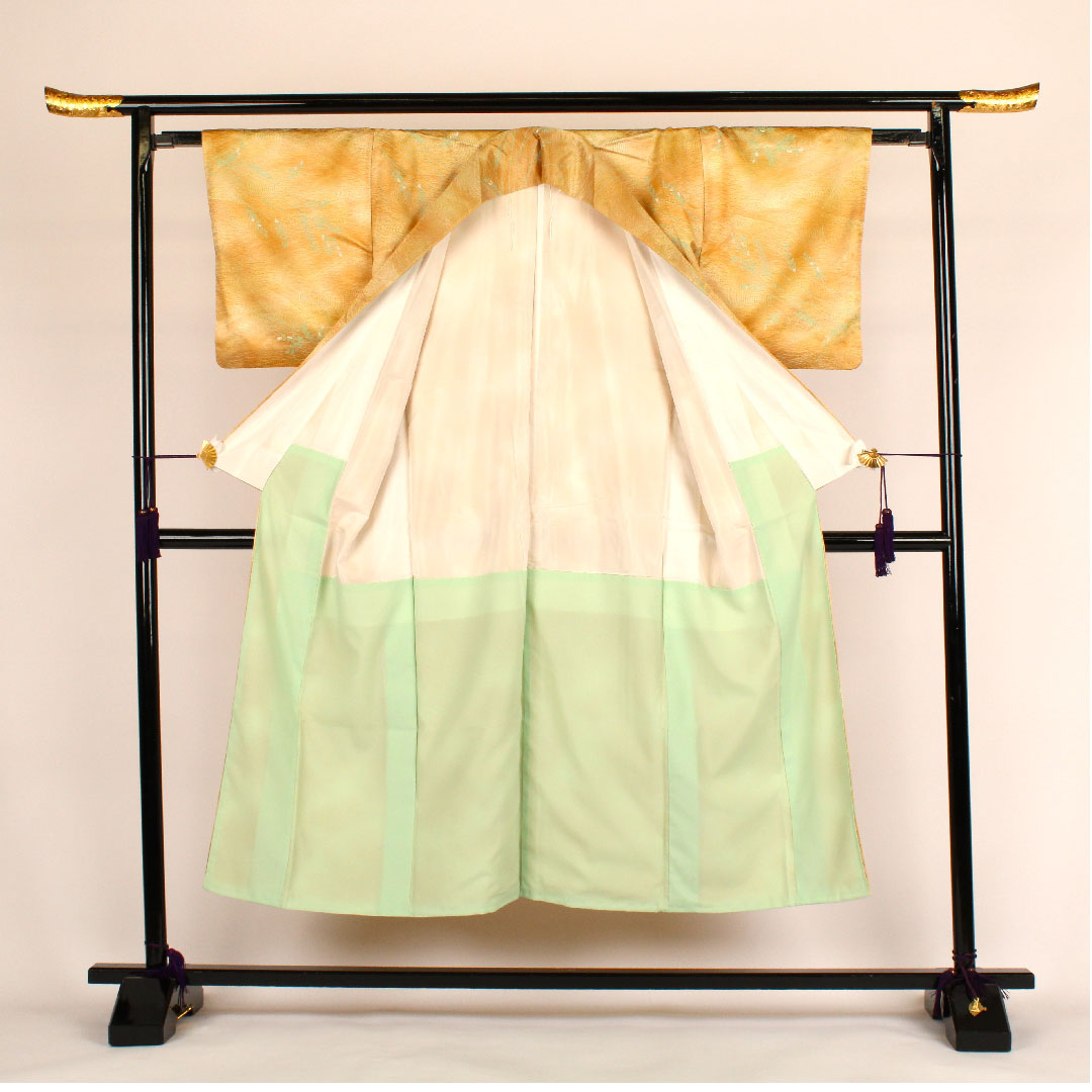 小紋 身丈147.5cm 裄丈61.5cm 袷  洗える着物 流水に葉 ポリ Aランク 黄系 1115000213123